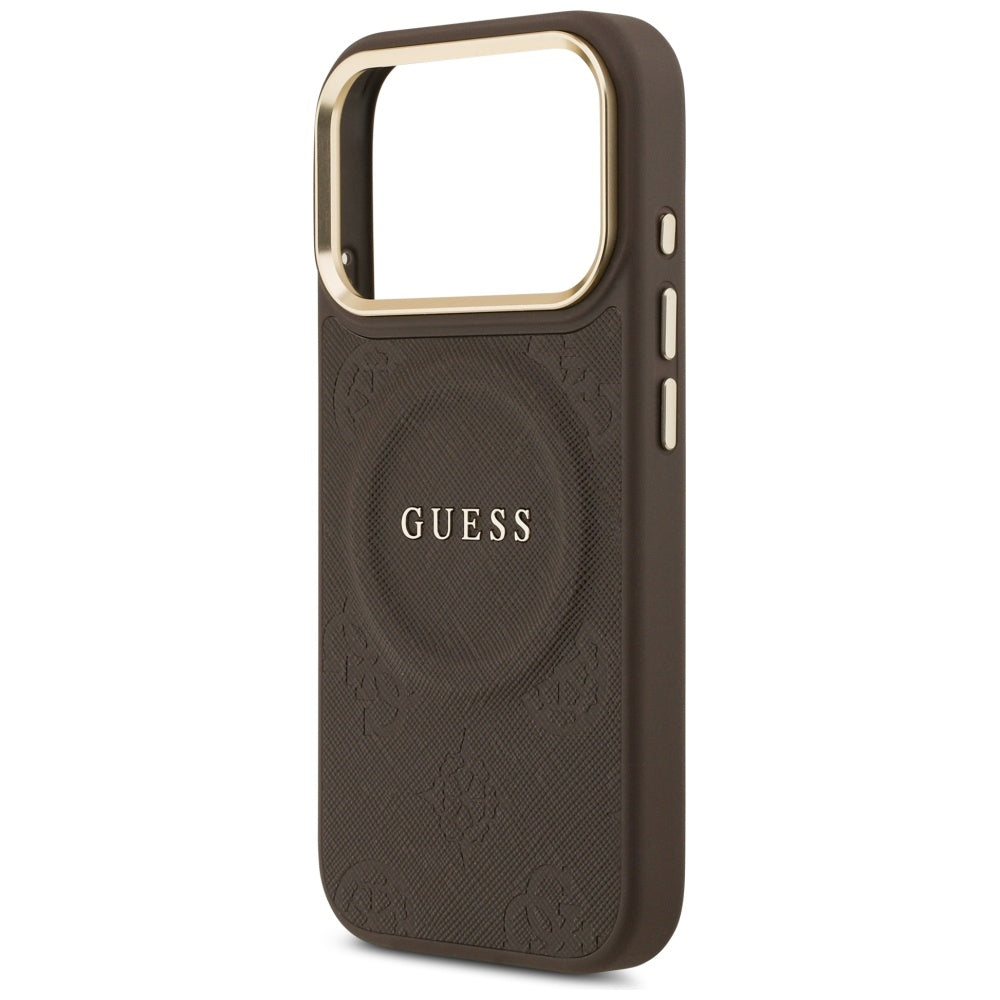Guess iPhone 17 Pro - Peony Hot Stamp MagSafe - Σκληρή Θήκη με Επένδυση Συνθετικού Δέρματος - Brown - GUHMP17LPSAMSECW