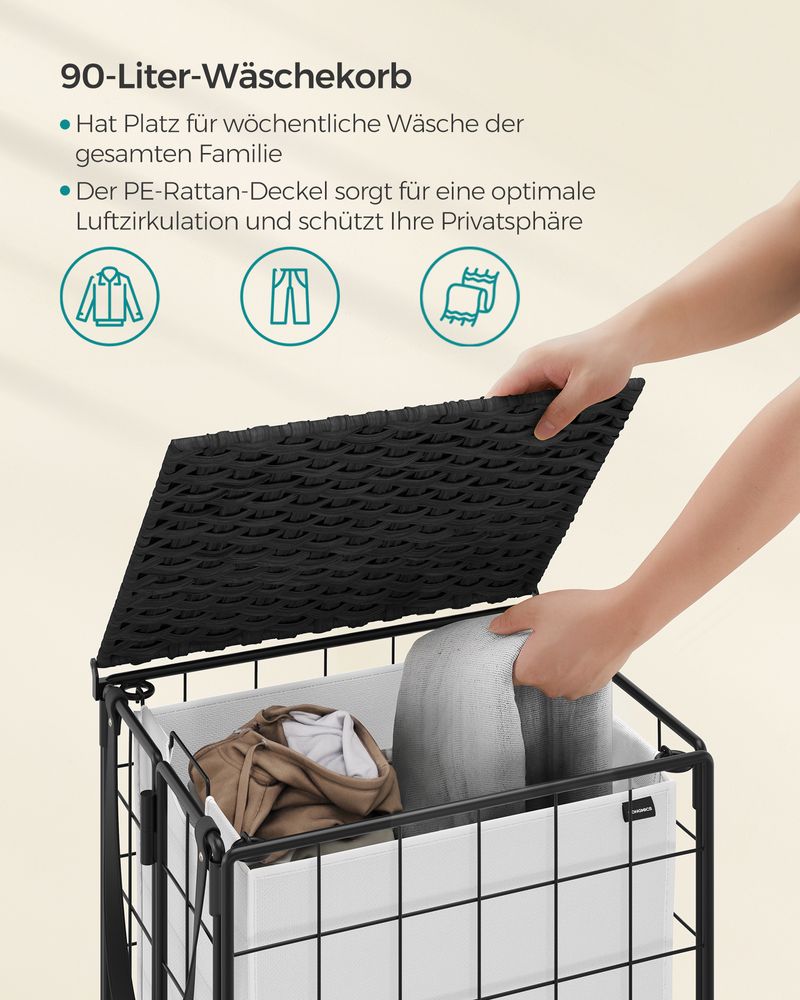 Songmics Τροχήλατο Αναδιπλούμενο Καλάθι Απλύτων με Καπάκι - 90L - Ink Black / Cloud White - LCB290B12