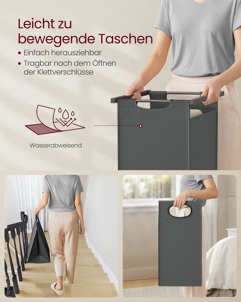 Vasagle Καλάθι Απλύτων 2 Διαμερισμάτων με Ράφι και Βάση για Πετσέτες - 73 x 33 x 177 cm - 92L - Greige / Grey - BLH221G01