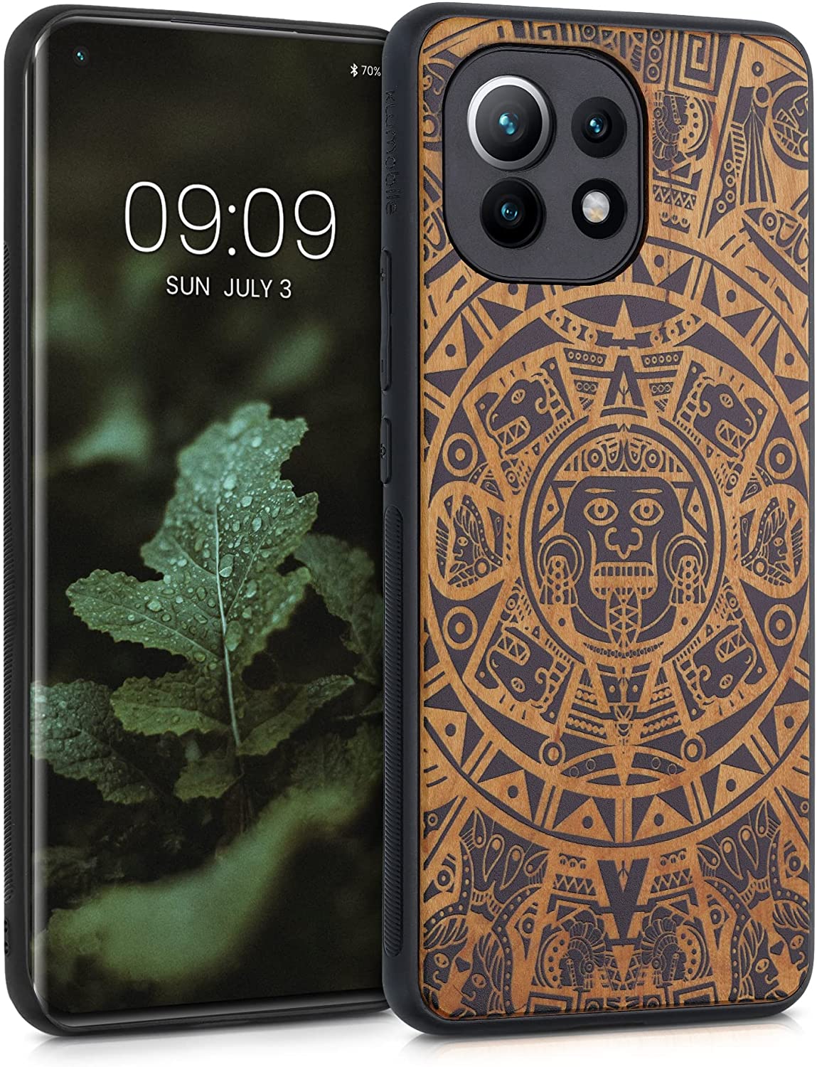 KW Xiaomi Mi 11 Θήκη από Φυσικό Ξύλο - Design Maya Calendar Art - Light Brown / Black - 54662.03
