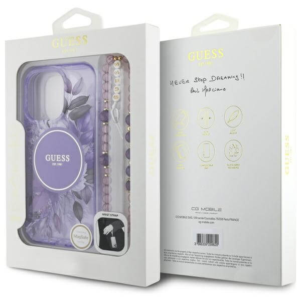 Guess iPhone 16 Pro - IML Flowers With Pearl Strap MagSafe - Σκληρή Θήκη με Πλαίσιο Σιλικόνης και Λουράκι - Purple - GUHMP16LHFWBRCESU