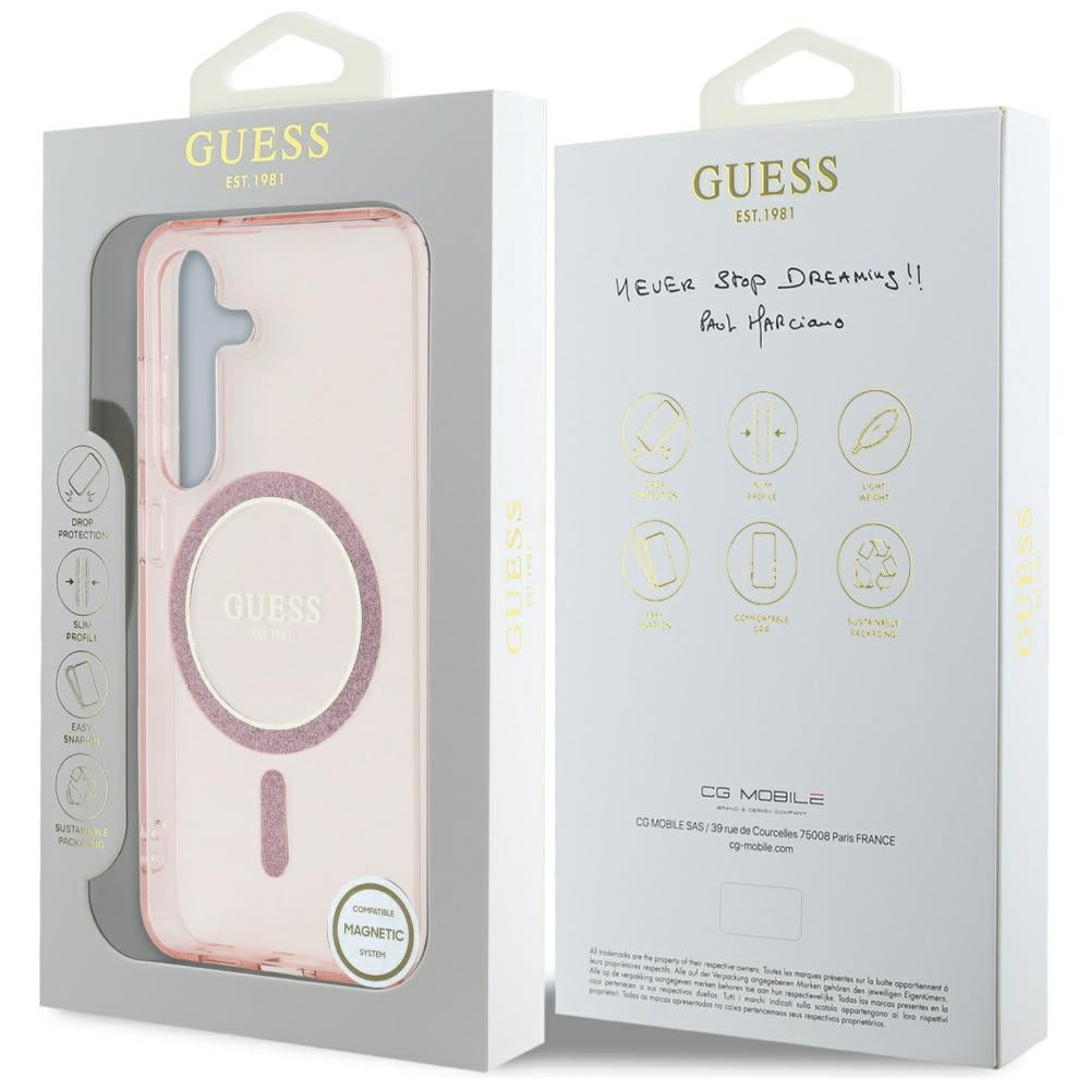 Guess Samsung Galaxy S25 - Glitter Circle Classic Logo - MagSafe Σκληρή Θήκη με Πλαίσιο Σιλικόνης - Pink - GUHMS25SHFGEREP