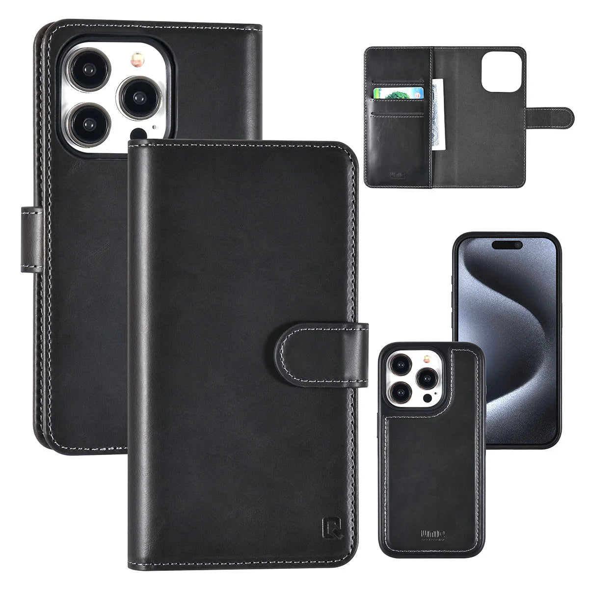 Tuniq iPhone 15 Pro - 2 σε 1 - Θήκη Πορτοφόλι από Δερματίνη με Αποσπώμενη Θήκη - Μαύρη