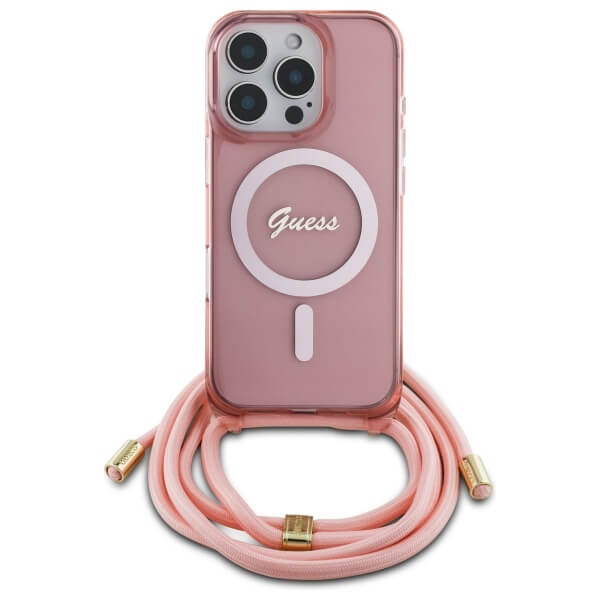Guess iPhone 16 Pro - Crossbody Cord Script MagSafe - Σκληρή Θήκη με Πλαίσιο Σιλικόνης και Λουράκι - Pink - GUHMP16LHCTSGNSP