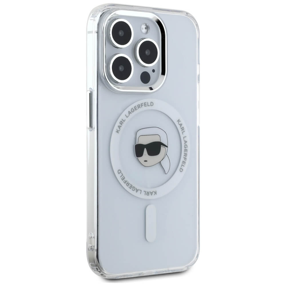 Karl Lagerfeld iPhone 15 Pro Max - IML Metal Karl Head - MagSafe Σκληρή Θήκη με Πλαίσιο Σιλικόνης - White - KLHMP15XHLSKIH