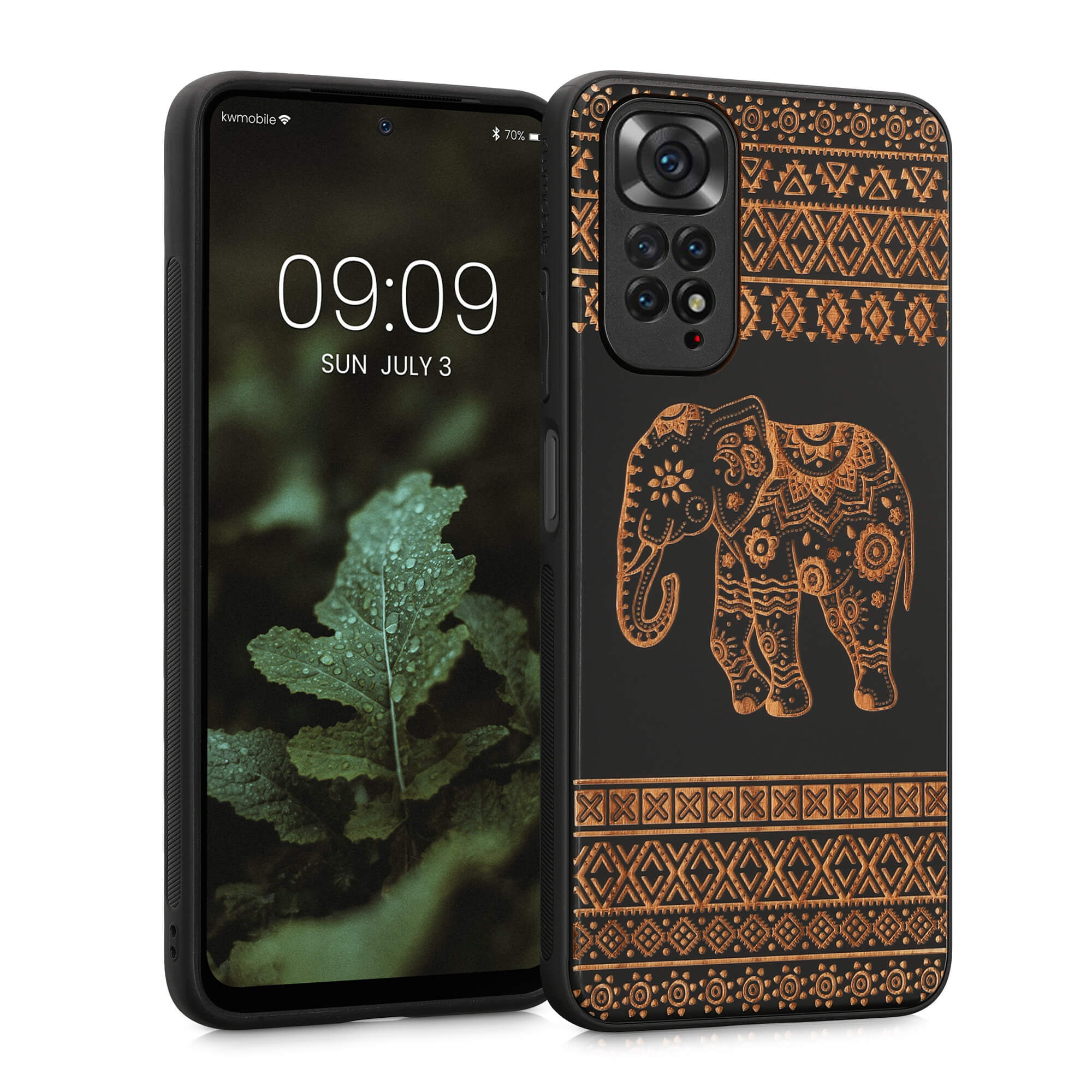 KW Xiaomi Redmi Note 11 / Redmi Note 11S Θήκη από Φυσικό Ξύλο - Design Wood Elephant with Pattern - Light Brown / Black - 57386.04