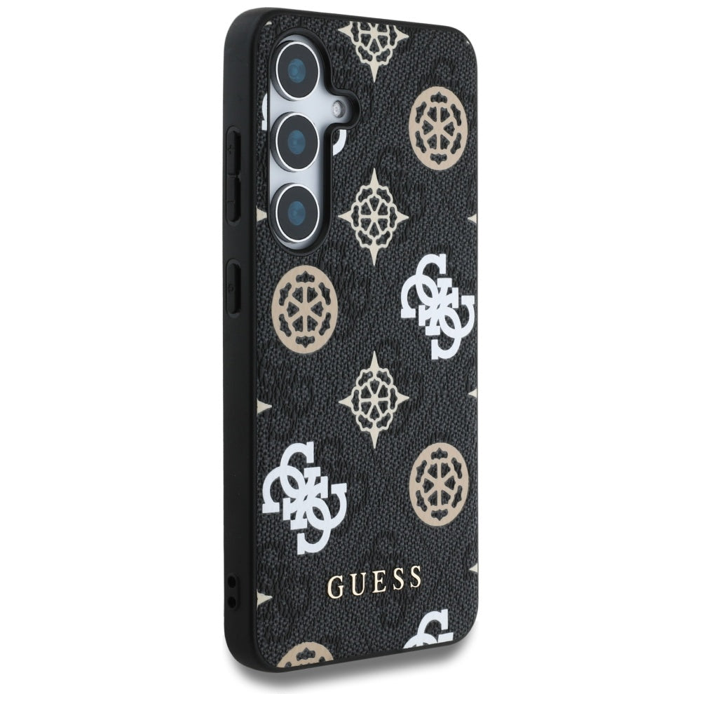 Guess Samsung Galaxy S25 - 4G Printed Colored Peony Pattern - MagSafe Θήκη με Επένδυση Συνθετικού Δέρματος - Black - GUHMS25SP4PWPK