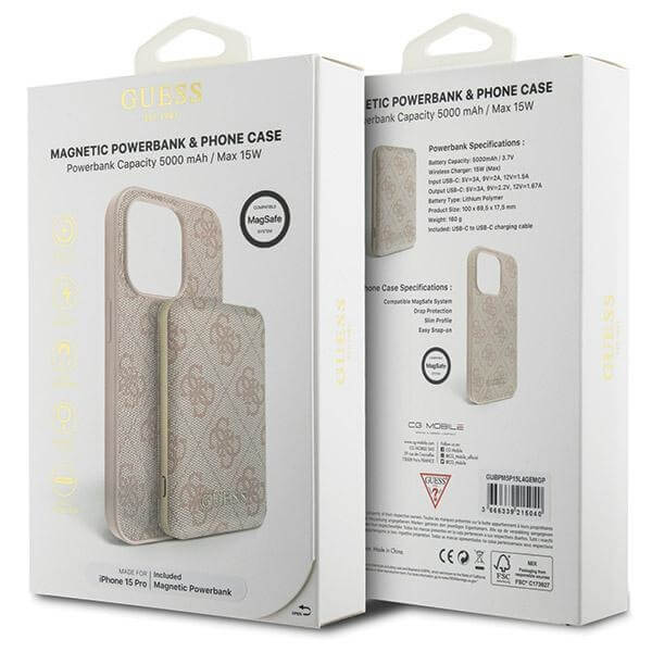 Guess iPhone 15 Pro - 4G Metal Logo Σετ MagSafe Σκληρή Θήκη με Επένδυση Συνθετικού Δέρματος και Powerbank 5000mAh - Pink - GUBPM5P15L4GEMGP