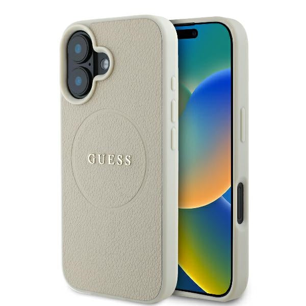 Guess iPhone 16 - Grained Ring MagSafe - Σκληρή Θήκη από Οικολογικό Δέρμα - Beige - GUHMP16SPGHSMME