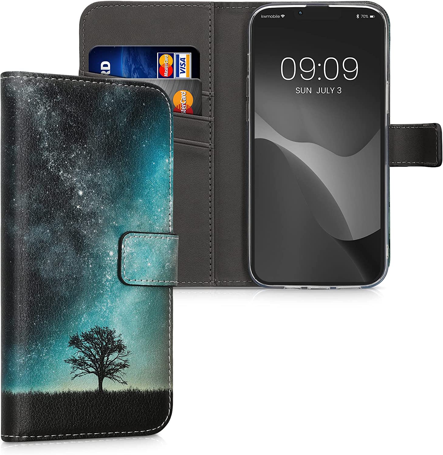KW iPhone 14 Plus Θήκη Πορτοφόλι Stand - Design Cosmic Nature - Blue / Grey / Black - 59209.01