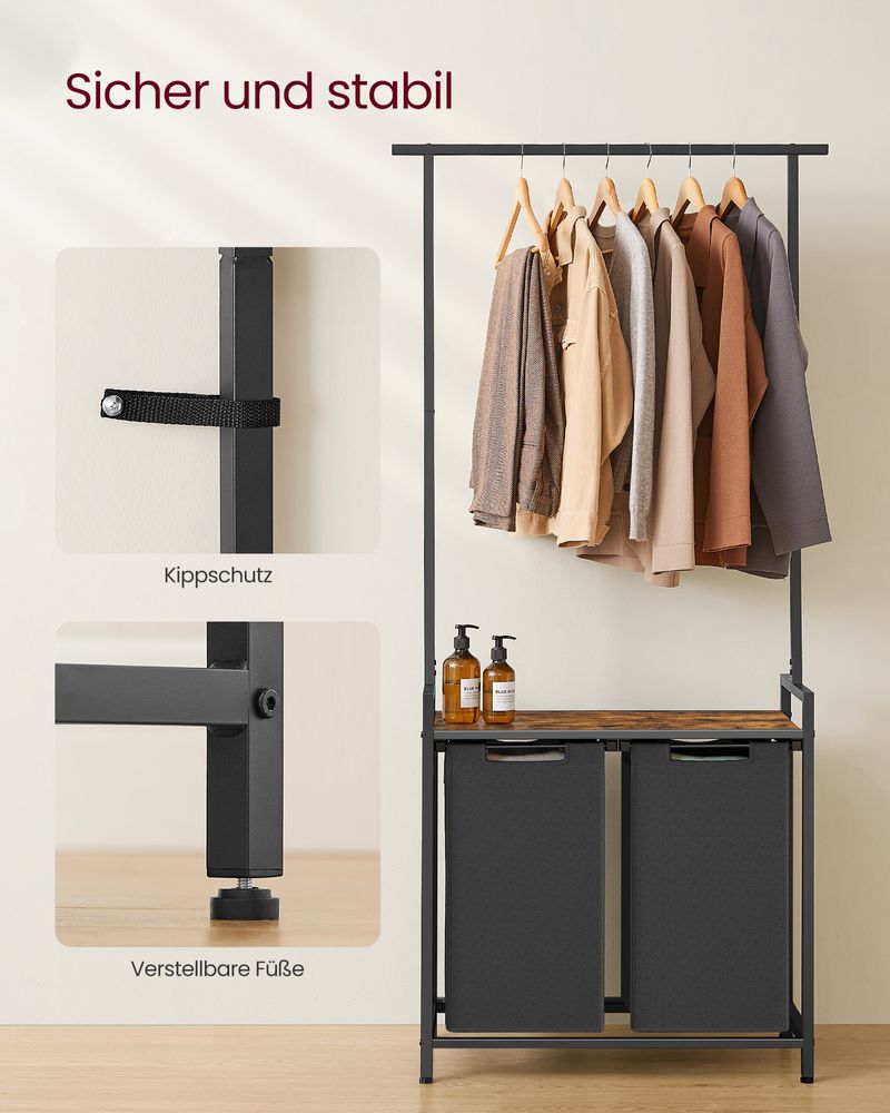 Vasagle Καλάθι Απλύτων 2 Διαμερισμάτων με Ράφι και Ράγα Ρούχων - 73 x 33 x 177 cm - Vintage Brown / Classic Black - BLH241B01