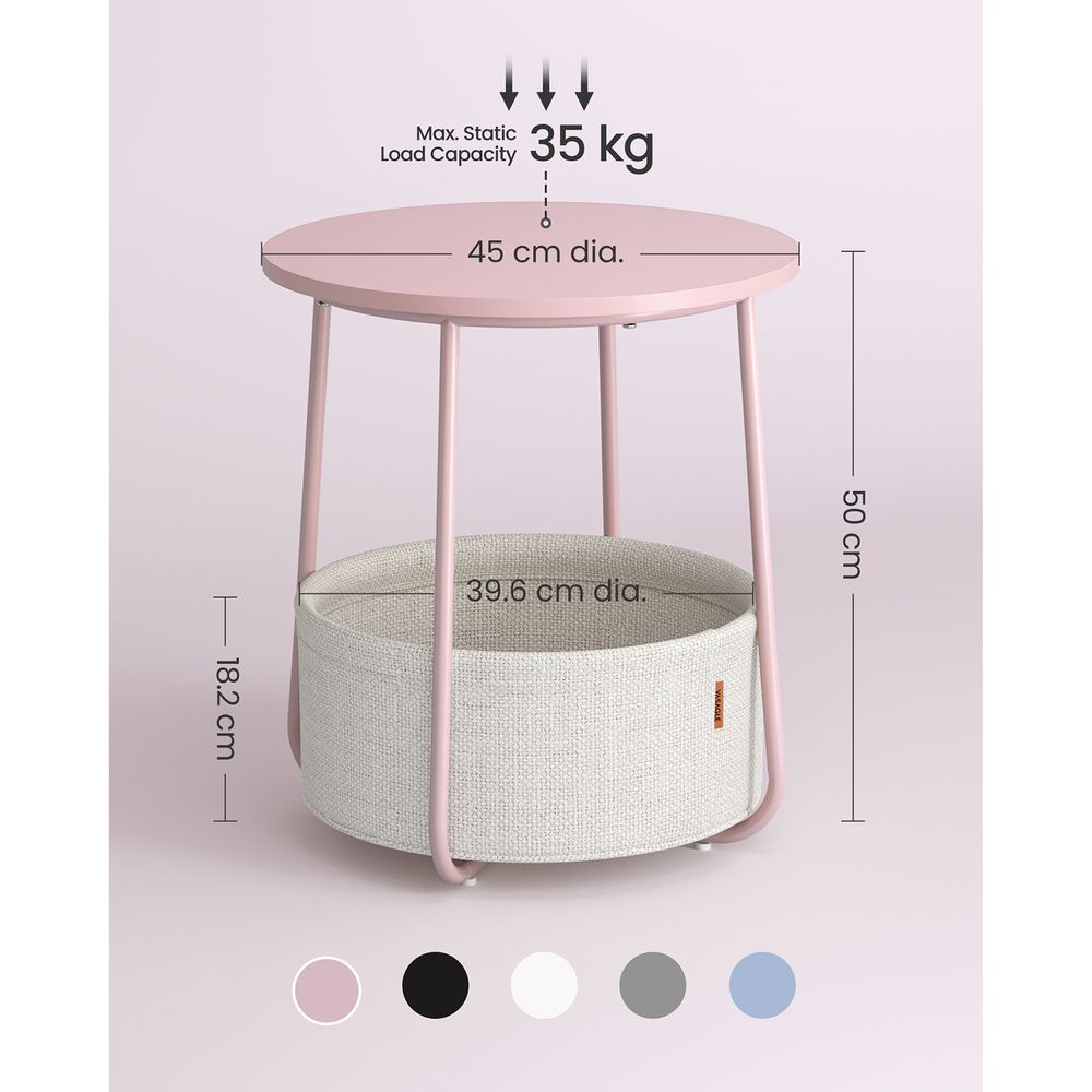 Vasagle Στρόγγυλο Βοηθητικό Τραπέζι με Υφασμάτινο Καλάθι Αποθήκευσης - Pastel Pink / Cloud White - LET223R61