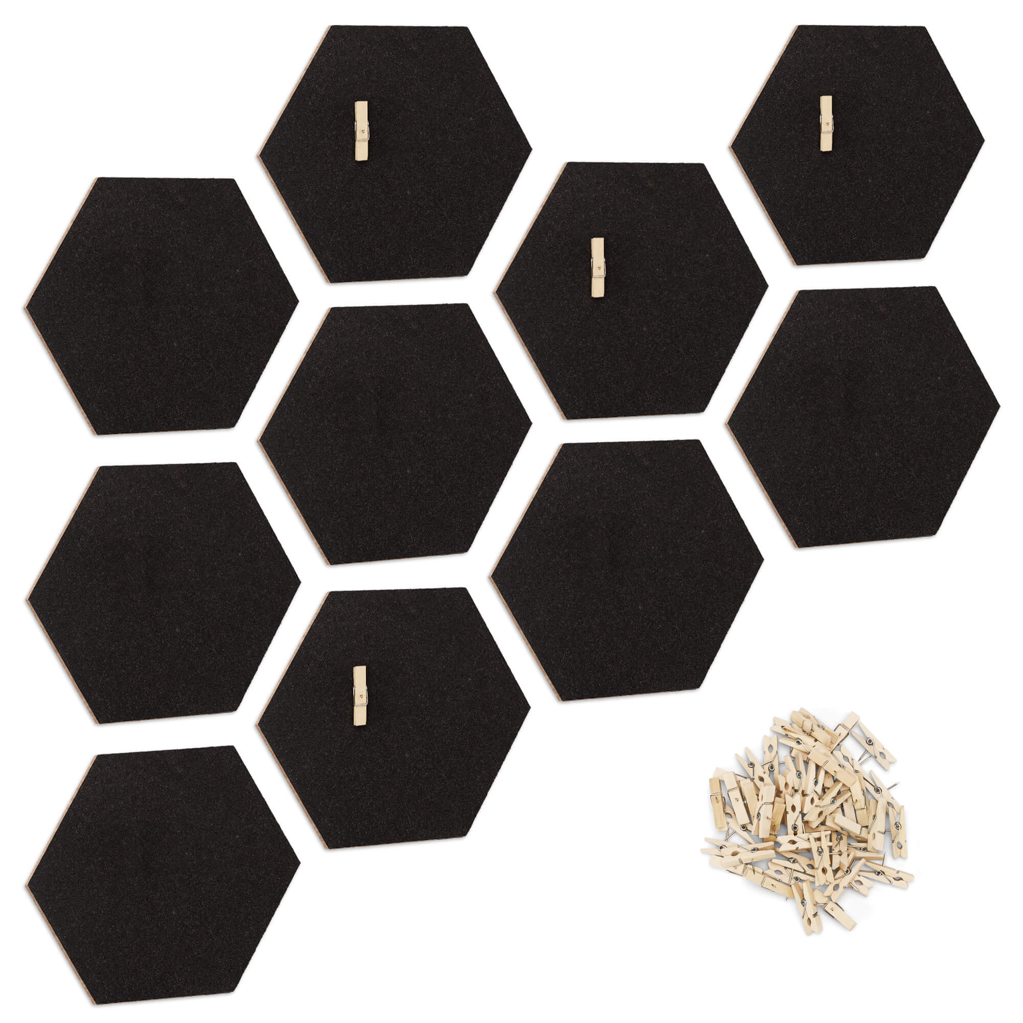 Navaris Cork Pin Board Hexagonal - Σετ με 10 Πίνακες Ανακοινώσεων από Φελλό και 50 Πινέζες - Black - 53218.01