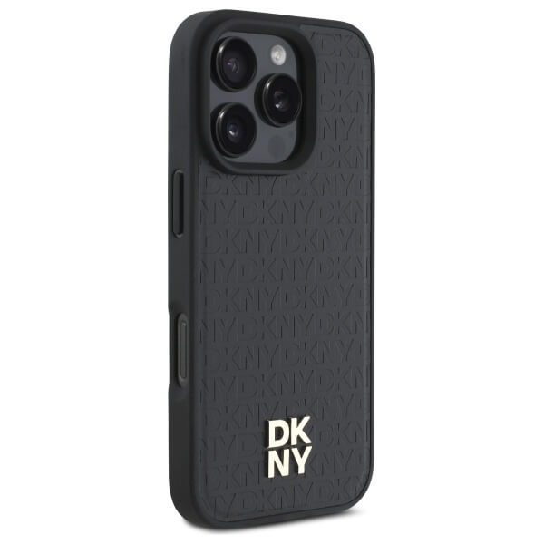 DKNY iPhone 16 Pro - Repeat Pattern Stack Logo MagSafe - Σκληρή Θήκη με Επένδυση Συνθετικού Δέρματος - Black