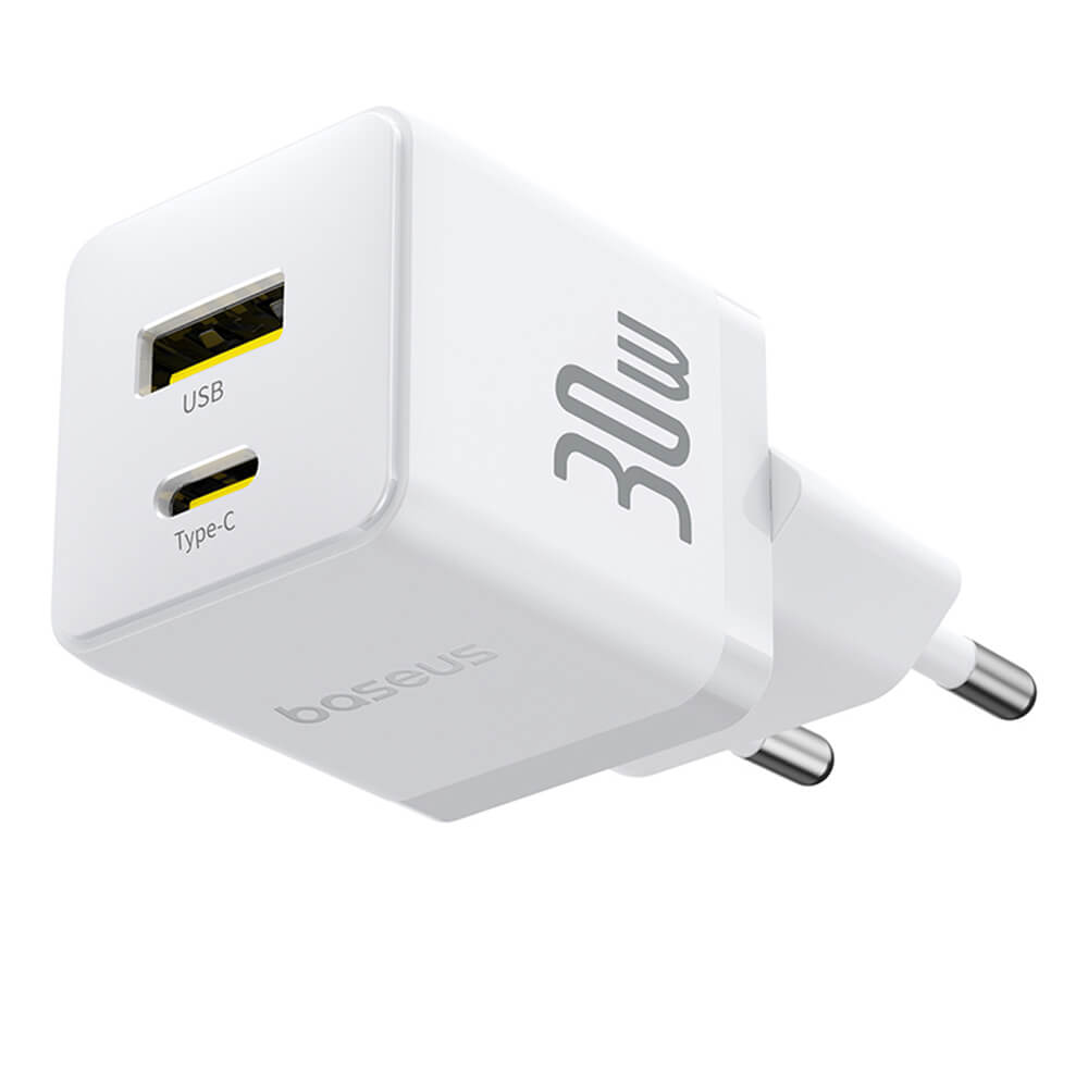 Baseus Palm Οικιακός Φορτιστής Γρήγορης Φόρτισης 30W με 1 Θύρα Type - C και 1 Θύρα USB και Καλώδιο Type - C to Type - C - Moon White