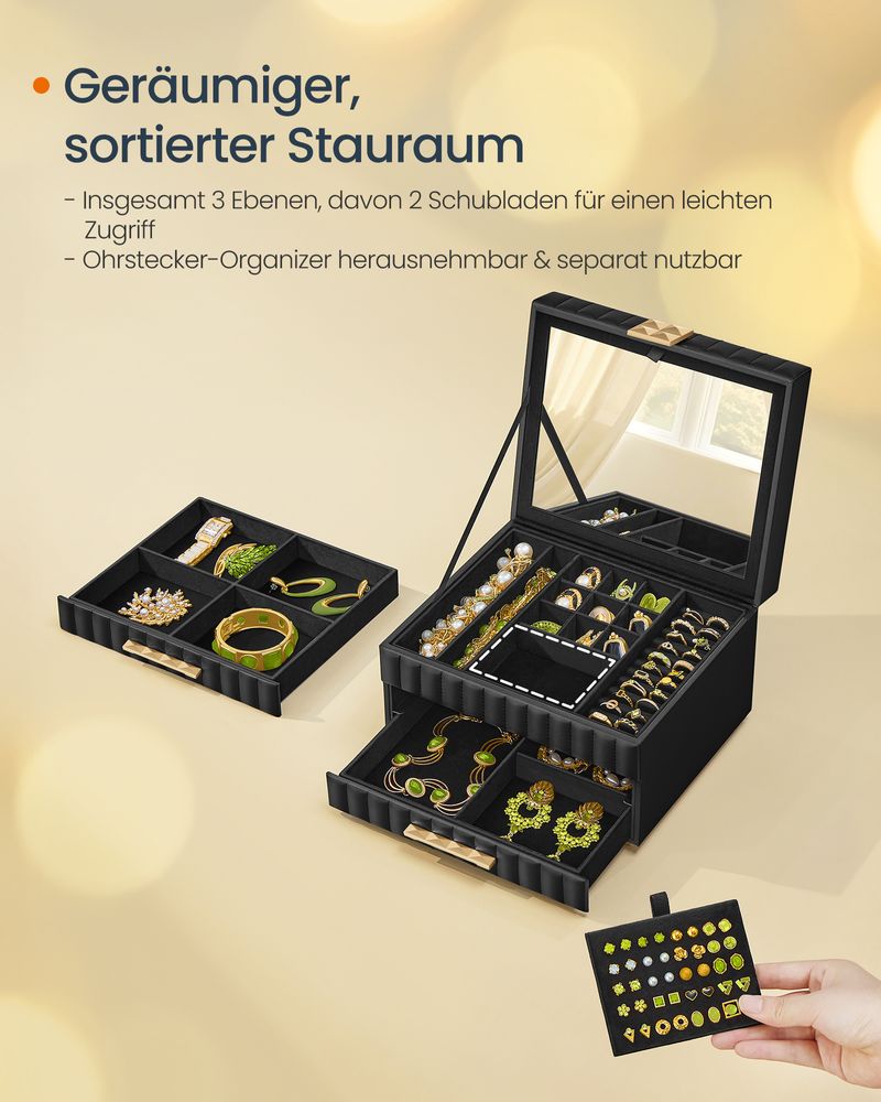 Songmics Κουτί Αποθήκευσης Κοσμημάτων με 3 Επίπεδα και Καθρέπτη - Ink Black - JBC183B01