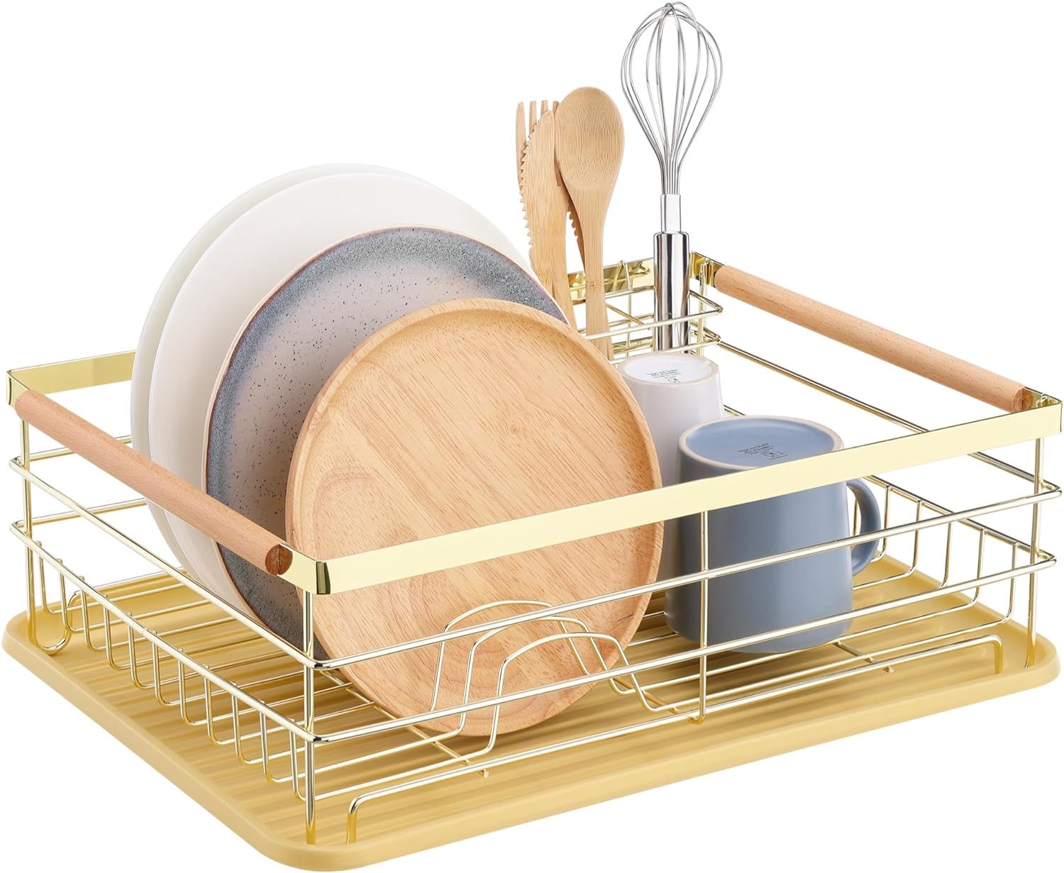 Navaris Σιδερένιο Στεγνωτήριο Πιάτων - Μαχαιροπίρουνων με Ξύλινες Λαβές και Πλαστικό Δίσκο - Gold - 52545.04