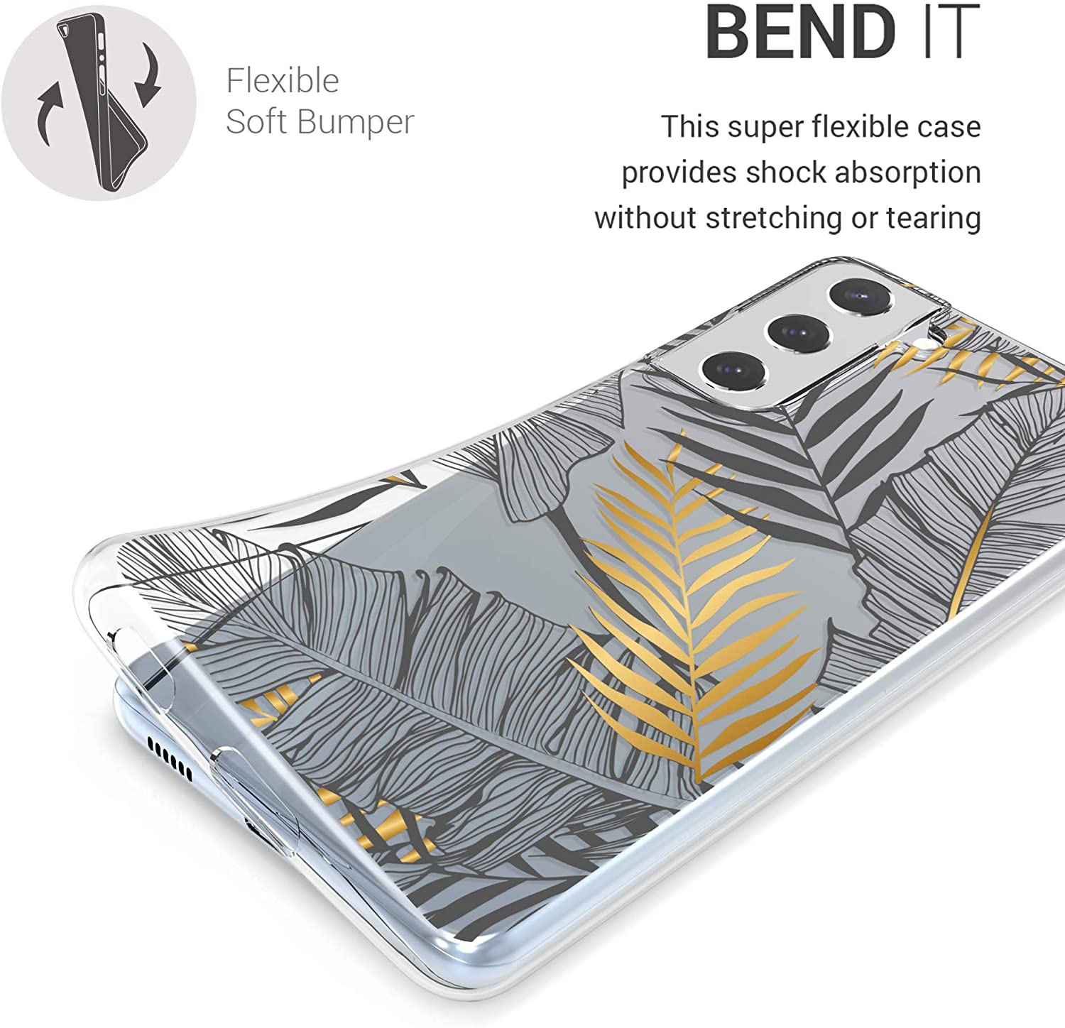 KW Samsung Galaxy S21 Θήκη Σιλικόνης TPU Design Palm Leaves - Gold / Grey - Διάφανη - 54061.01