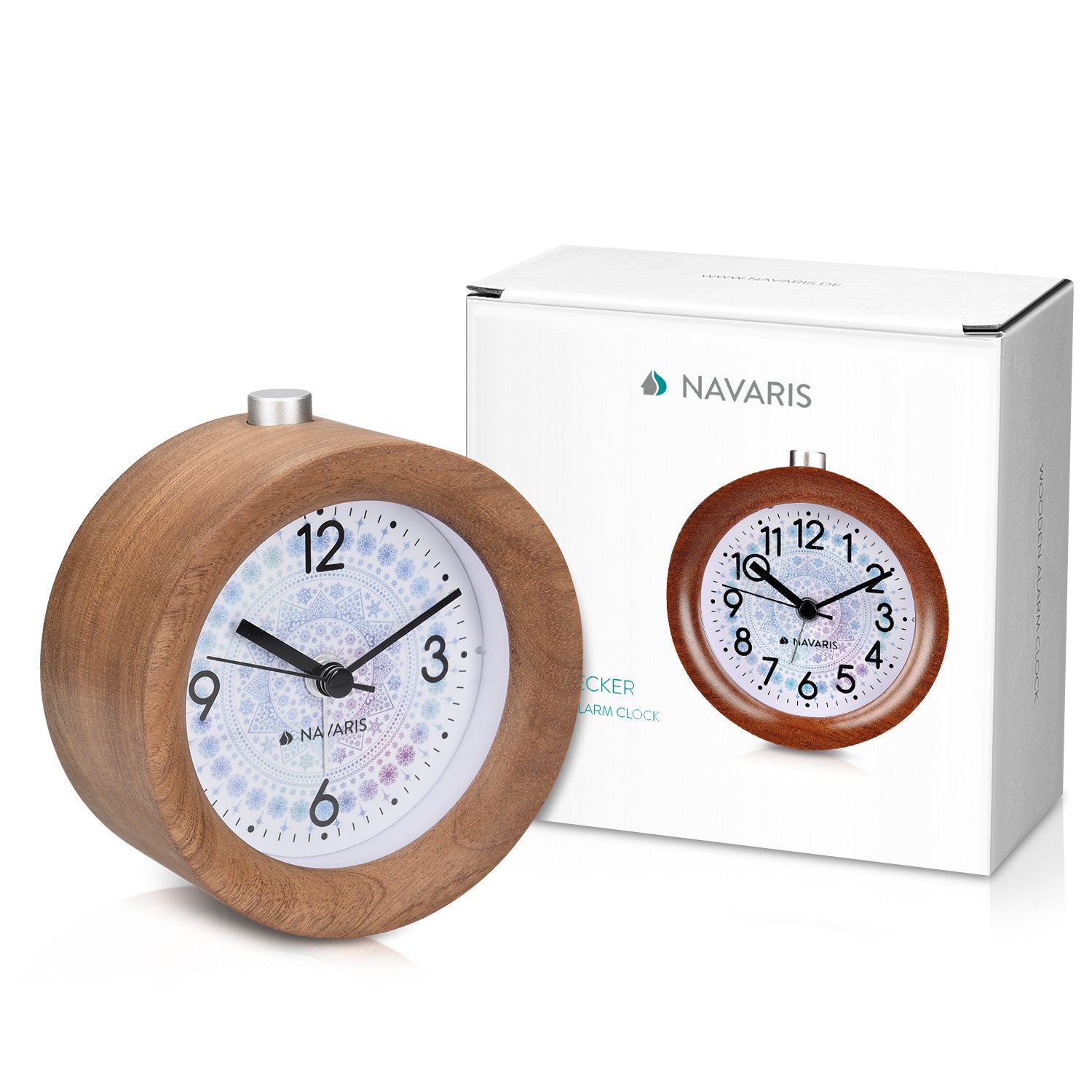 Navaris Analogue Wood Alarm Clock Design Arctic Snowflake - Αναλογικό Επιτραπέζιο Ρολόι και Ξυπνητήρι - Dark Brown - 46269.18.02