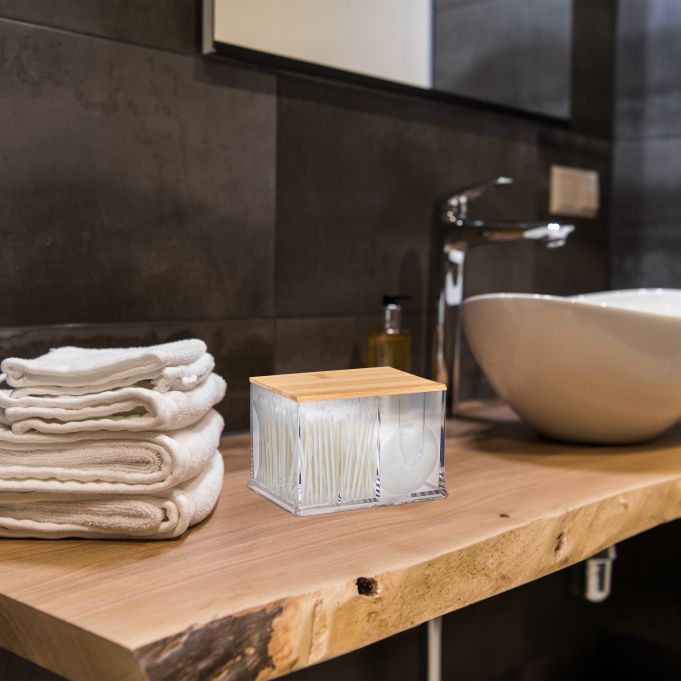 Relaxdays Κουτί Αποθήκευσης Αξεσουάρ Μπάνιου με Καπάκι από Μπαμπού - Large - Clear / Light Brown - 4052025905972