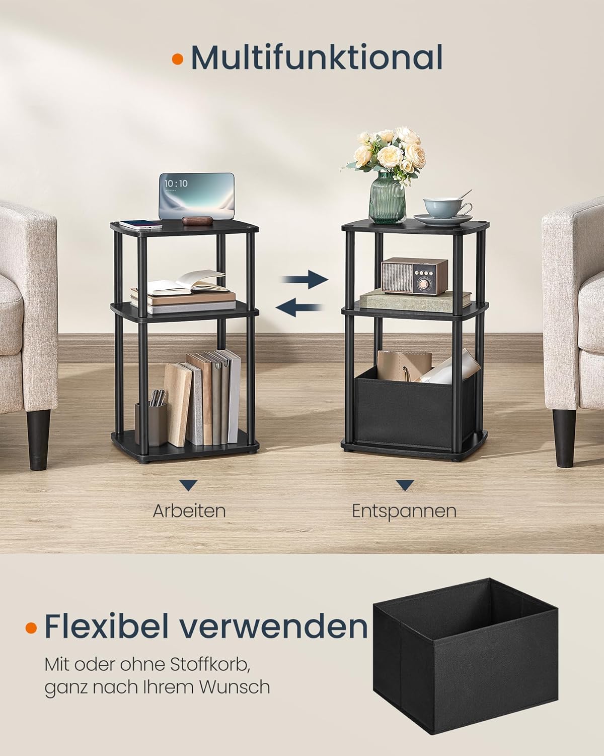 Songmics Βοηθητικό Τραπέζι με Υφασμάτινο Καλάθι - 30 x 34 x 58 cm - Ebony Black - LET286B01