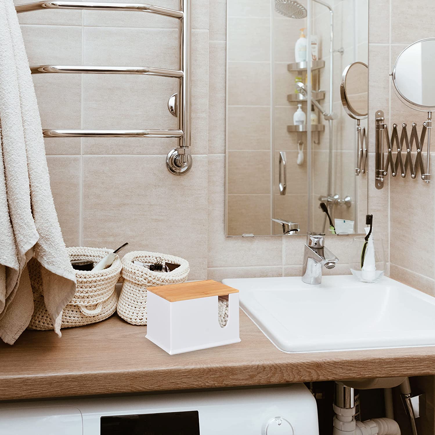 Relaxdays Ακρυλικό Κουτί Αποθήκευσης για Μπατονέτες από Μπαμπού με Καπάκι - White / Natural - 4052025905958Άνοιγμα Υ x Π: περίπου 6 x 2,3 cm