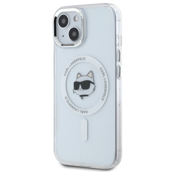 Karl Lagerfeld iPhone 15 - IML Metal Choupette Head - MagSafe Σκληρή Θήκη με Πλαίσιο Σιλικόνης - White - KLHMP15SHLSCHH