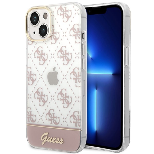 Guess iPhone 14 Plus 4G Pattern Script Σκληρή Θήκη με Πλαίσιο Σιλικόνης - Pink - GUHCP14MHG4MHP