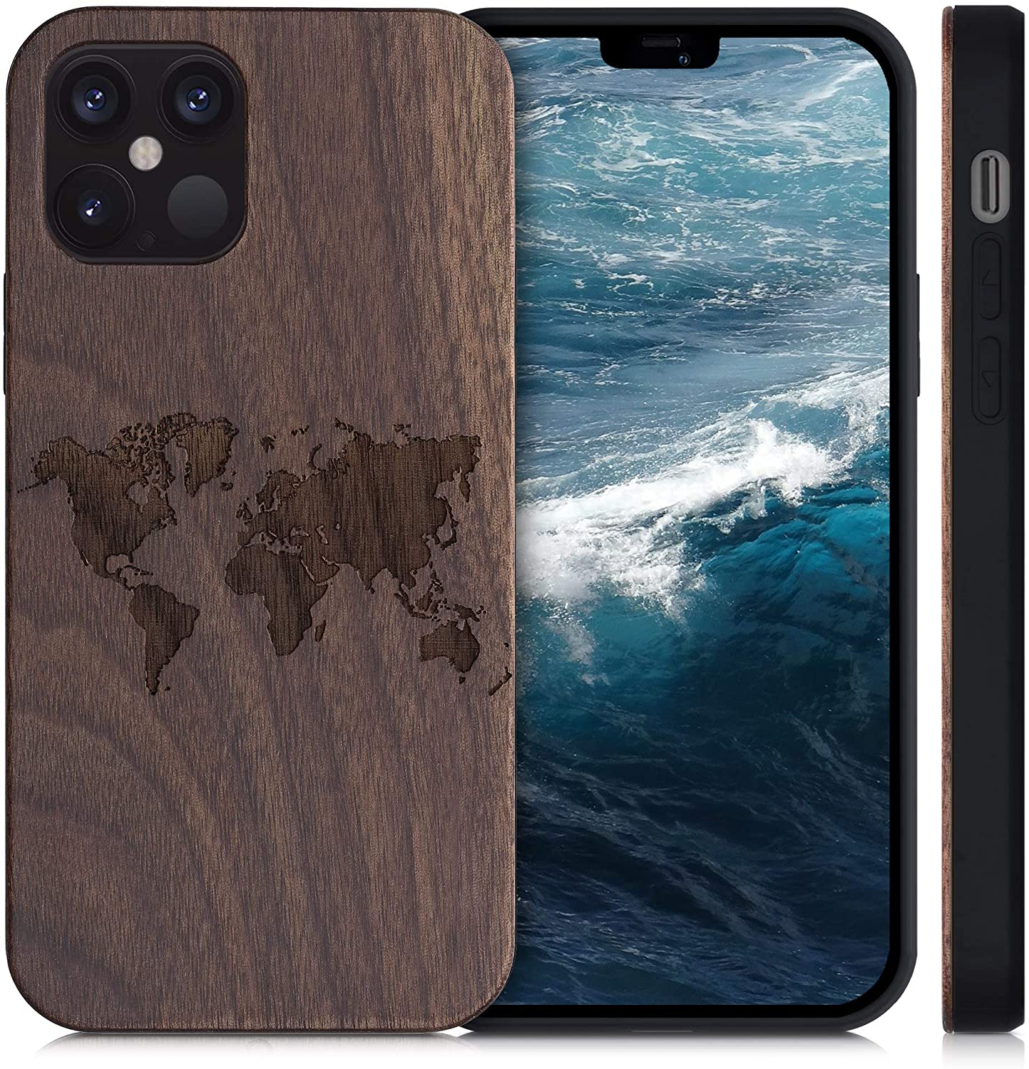 KW iPhone 12 Pro Θήκη από Φυσικό Ξύλο Design Travel Outline - Dark Brown - 52734.02