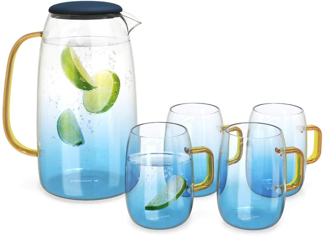 Navaris Glass Water Carafe with Silicone Lid and 4 Glasses Γυάλινη Κανάτα Νερού με Καπάκι Σιλικόνης και 4 Ποτήρια - 1,55L - Blue / Διάφανη - 51066.04.05