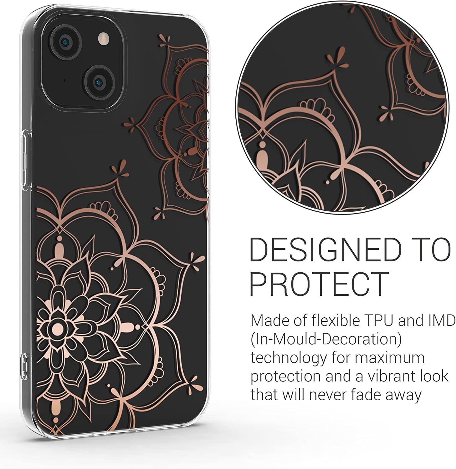 KW iPhone 14 Θήκη Σιλικόνης TPU Design Flower Twins - Διάφανη / Rose Gold - 59204.03