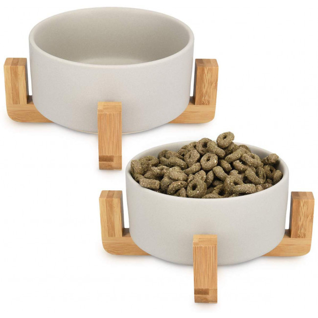 Navaris Cat Bowls with Wood Stands - Σετ με 2 Μπολ Φαγητού και Νερού με Βάση από Μπαμπού για Κατοικίδια - Grey / Brown - 48350.22