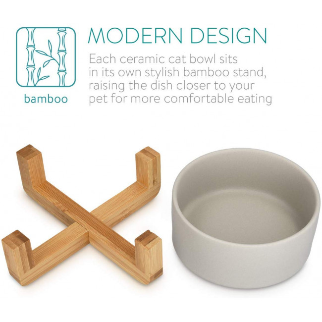 Navaris Cat Bowls with Wood Stands - Σετ με 2 Μπολ Φαγητού και Νερού με Βάση από Μπαμπού για Κατοικίδια - Grey / Brown - 48350.22