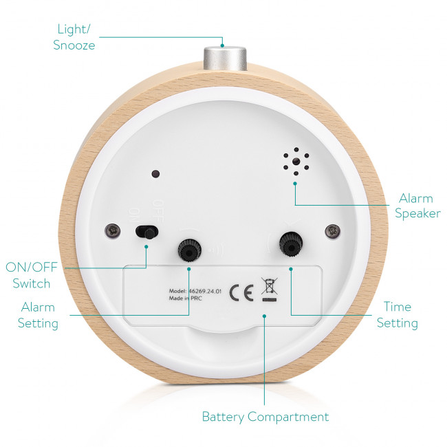 Navaris Analogue Wood Alarm Clock Design Indian Sun - Αναλογικό Επιτραπέζιο Ρολόι και Ξυπνητήρι - Light Brown - 46269.24.01