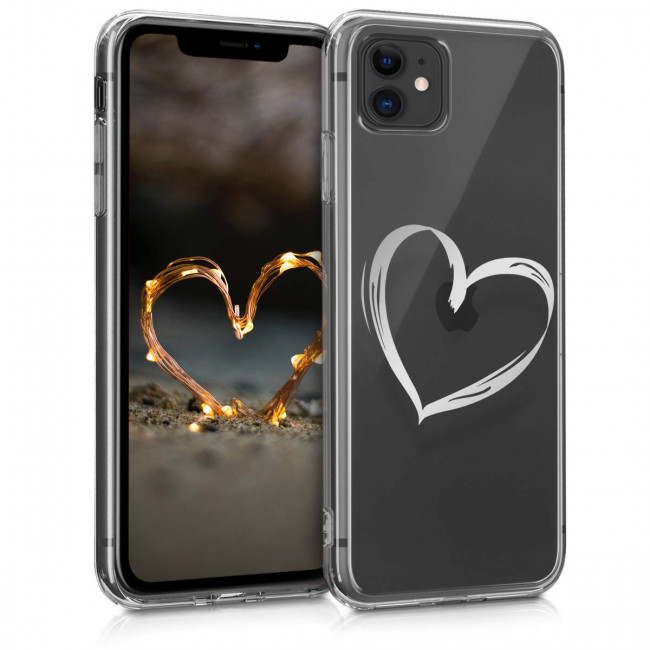 KW iPhone 11 Θήκη Σιλικόνης TPU Design Brushed Heart - Διάφανη / Silver - 49785.22