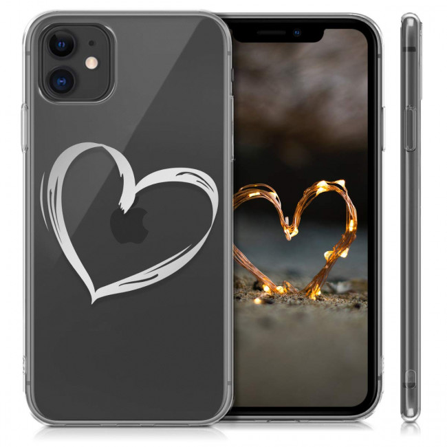 KW iPhone 11 Θήκη Σιλικόνης TPU Design Brushed Heart - Διάφανη / Silver - 49785.22