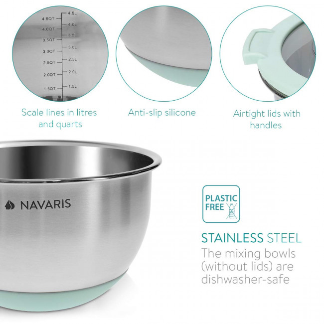 Navaris Stainless Steel Mixing Bowls Set of 3 Σετ με 3 Μεταλλικά Δοχεία Φαγητού - Mint Green - 49210.03.50