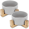 Navaris Cat Bowls with Wood Stands - Σετ με 2 Μπολ Φαγητού και Νερού με Βάση από Μπαμπού για Κατοικίδια - Grey / Brown - 48350.1.22