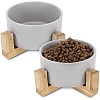 Navaris Cat Bowls with Wood Stands - Σετ με 2 Μπολ Φαγητού και Νερού με Βάση από Μπαμπού για Κατοικίδια - Grey / Brown - 48350.1.22