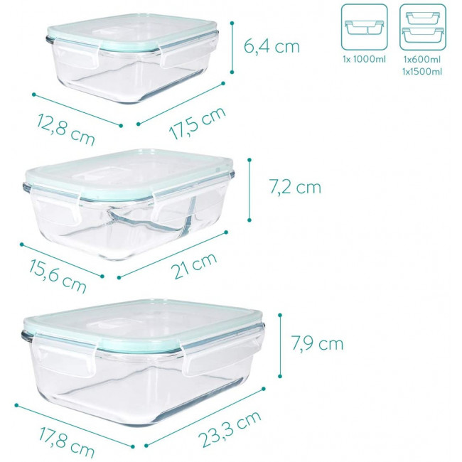 Navaris Glass Food Containers with Lid Σετ με 3 Γυάλινα Δοχεία Φαγητού με Καπάκι - 47684.03.01