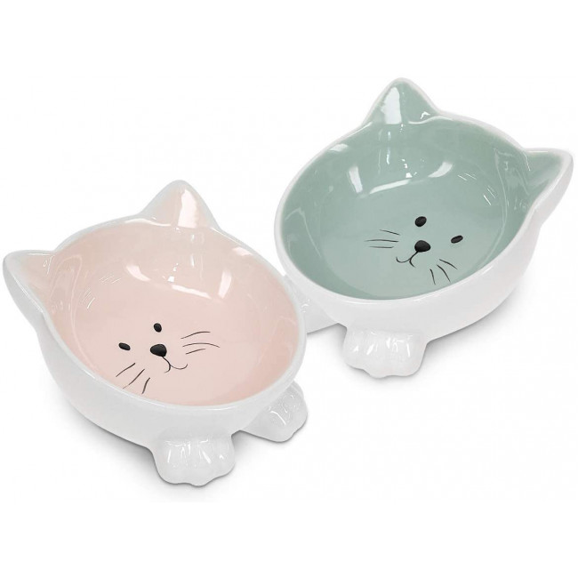 Navaris Cat Bowls with Ears Set of 2 - Σετ με 2 Μπολ Φαγητού και Νερού σε Σχήμα Γάτας - Pink / Green - 50736.02