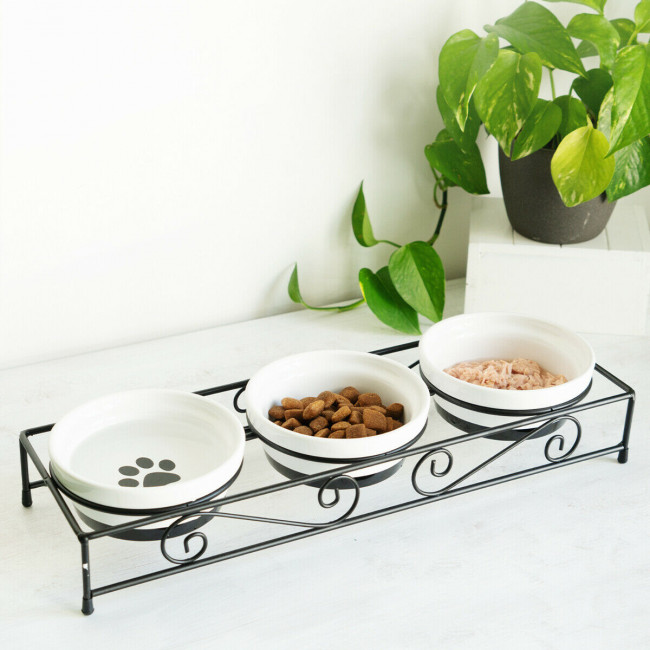 Navaris Ceramic Pet Bowl - Σετ με 3 Μπολ Φαγητού και Νερού με Μεταλλική Βάση για Κατοικίδια - 46947.2