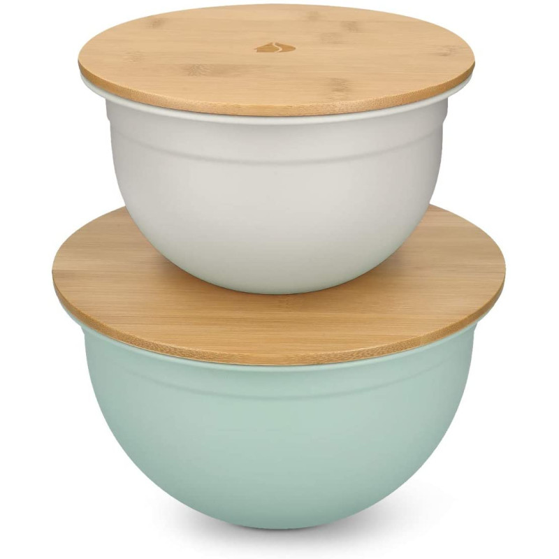 Navaris Metal Mixing Bowls with Wooden Lids Σετ με 2 Μεταλλικά Δοχεία Φαγητού με Καπάκι από Μπαμπού - Grey / Mint Green - 49209.02.22