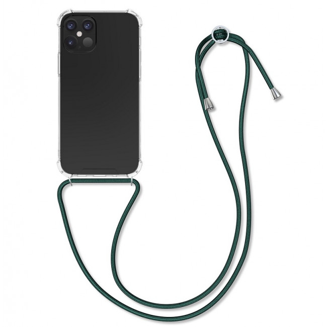 KW iPhone 12 Pro Θήκη Σιλικόνης TPU με Λουράκι - Διάφανη / Dark Green - 52730.80