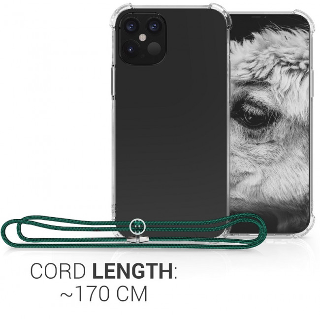 KW iPhone 12 Pro Θήκη Σιλικόνης TPU με Λουράκι - Διάφανη / Dark Green - 52730.80