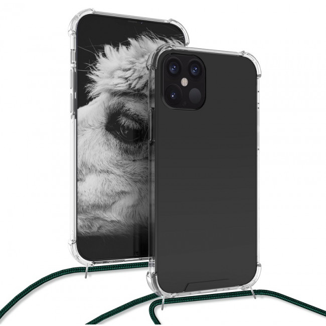 KW iPhone 12 Pro Θήκη Σιλικόνης TPU με Λουράκι - Διάφανη / Dark Green - 52730.80