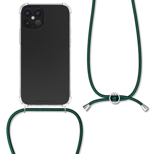 KW iPhone 12 Pro Θήκη Σιλικόνης TPU με Λουράκι - Διάφανη / Dark Green - 52730.80