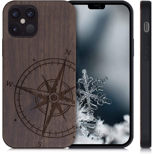 KW iPhone 12 Pro Θήκη από Φυσικό Ξύλο Design Navigational Compass - Dark Brown - 52734.01