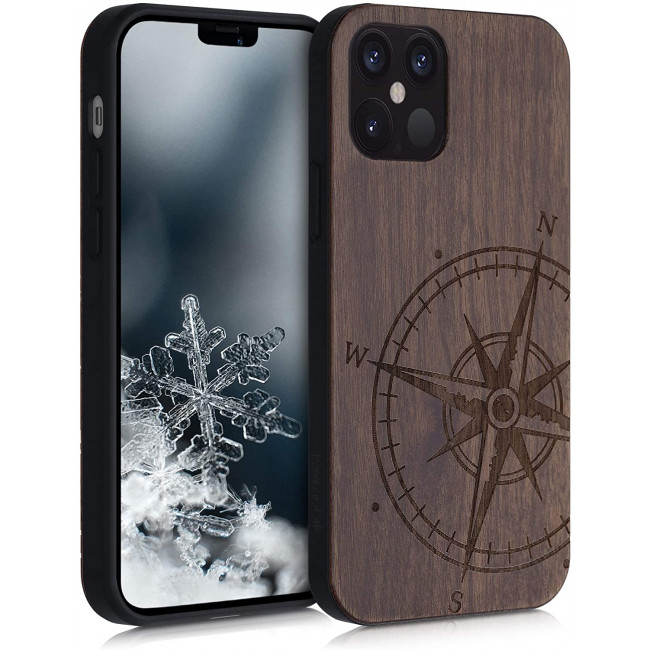 KW iPhone 12 Pro Θήκη από Φυσικό Ξύλο Design Navigational Compass - Dark Brown - 52734.01