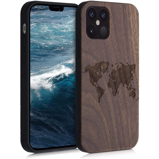 KW iPhone 12 Pro Θήκη από Φυσικό Ξύλο Design Travel Outline - Dark Brown - 52734.02